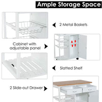 Carrello Cucina in Legno Bianco con Cassetti Cestelli Acciaio e Top Bambù Multiuso