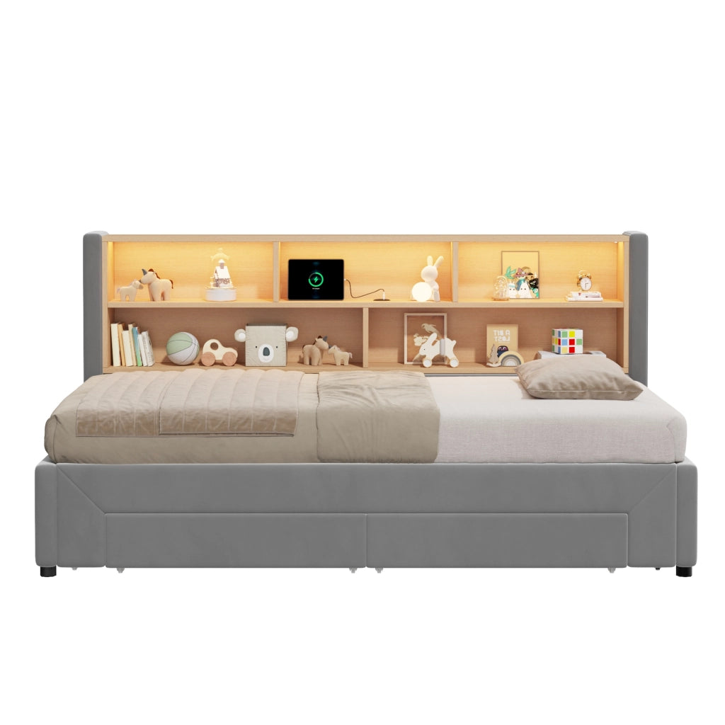 Letto divano estraibile 90x200 cm in velluto grigio con LED e 2 cassetti