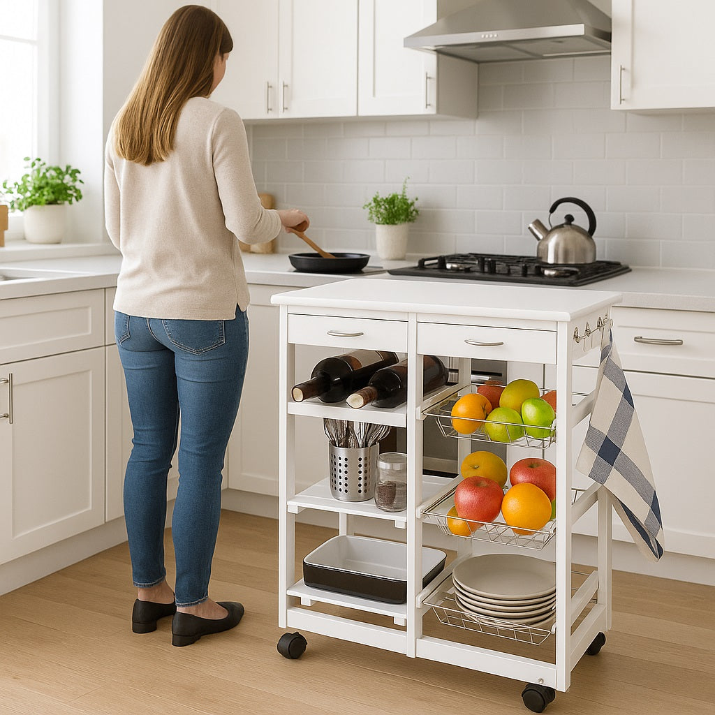 Carrello Cucina Legno con Cassetti Portabottiglie Mensole e Cestelli Portafrutta Bianco
