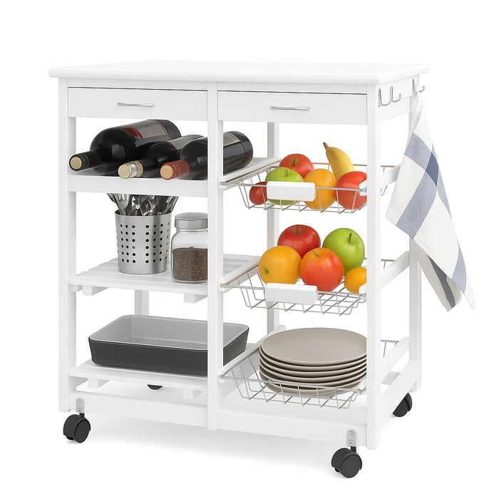 Carrello Cucina Legno con Cassetti Portabottiglie Mensole e Cestelli Portafrutta Bianco