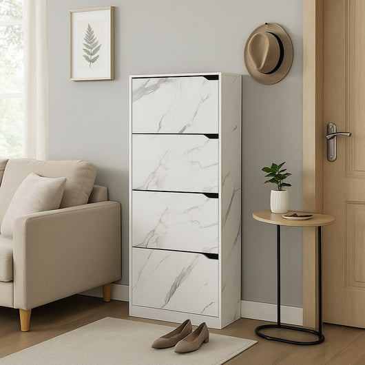 Scarpiera 4Ante Doppia Profondità Salvaspazio Bianco Marmo 63x24 H150cm Mdf