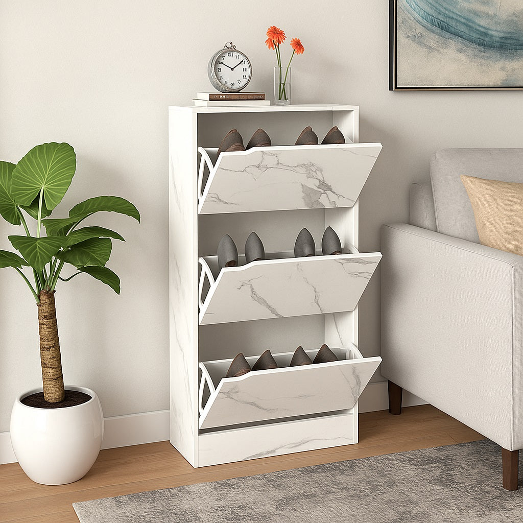 Scarpiera 3Ante Doppia Profondità Salvaspazio Bianco Marmo 63x24 H115cm Mdf