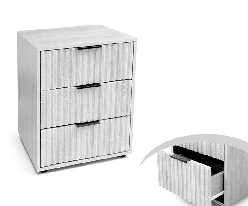COMODINO IN LEGNO CON 3 CASSETTI STILE RIGATO E 3 MANIGLIE 50X40X64 CM COLORE BIANCO IN TRUCIOLARE E MELAMINICO