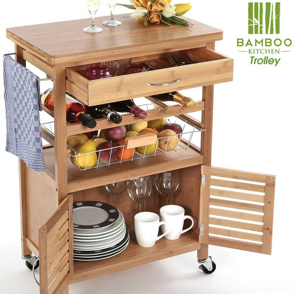 Carrello Cucina Bambù con Portabottiglie Cassetto 2 Ante e Cesto Acciaio 60x35 H 88 cm