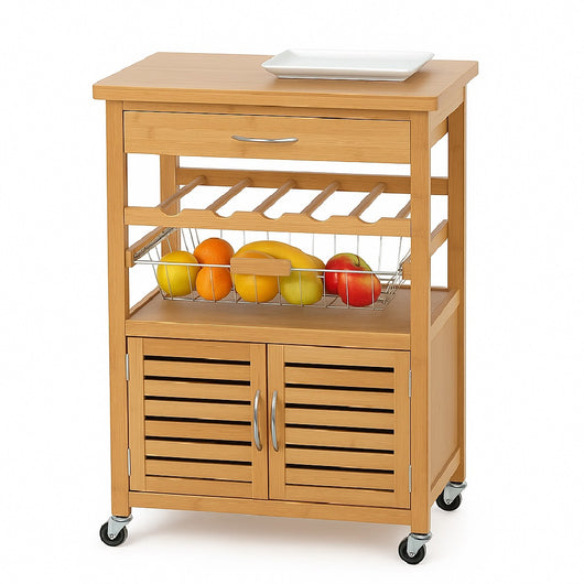 Carrello Cucina Bambù con Portabottiglie Cassetto 2 Ante e Cesto Acciaio 60x35 H 88 cm