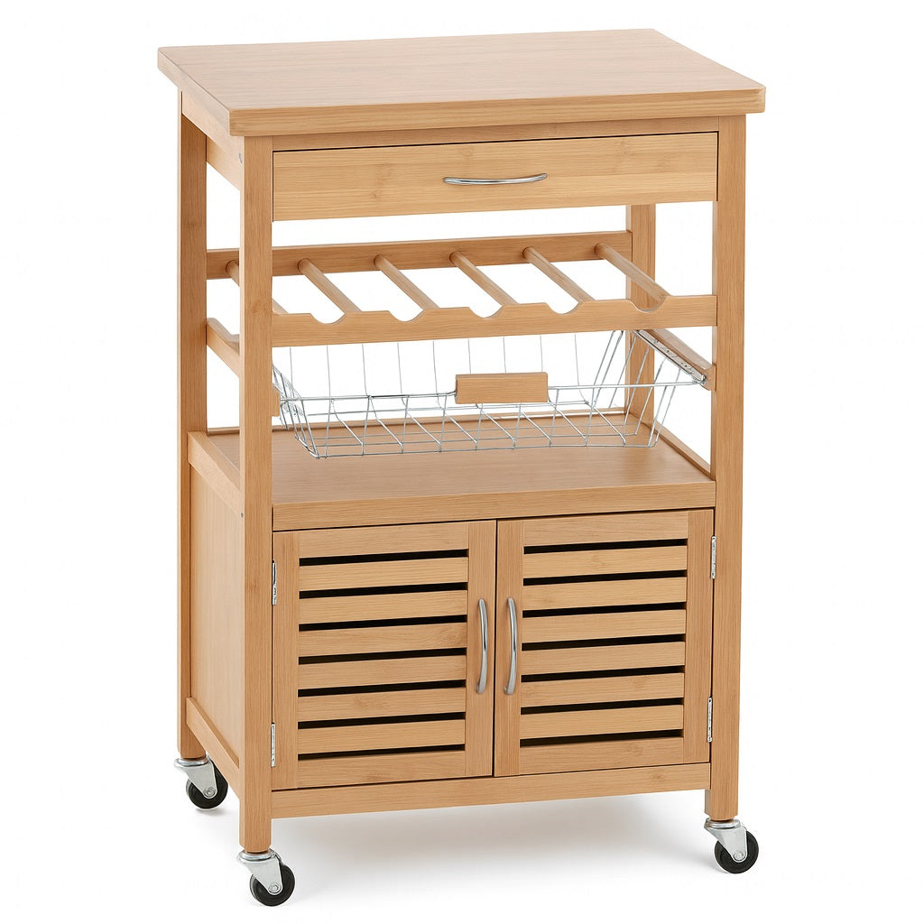 Carrello Cucina Bambù con Portabottiglie Cassetto 2 Ante e Cesto Acciaio 60x35 H 88 cm