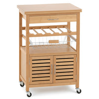 Carrello Cucina Bambù con Portabottiglie Cassetto 2 Ante e Cesto Acciaio 60x35 H 88 cm