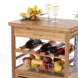 Carrello Cucina Bambù con Portabottiglie Cassetto 2 Ante e Cesto Acciaio 60x35 H 88 cm