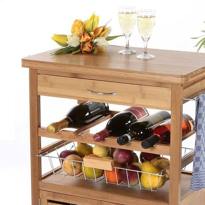 Carrello Cucina Bambù con Portabottiglie Cassetto 2 Ante e Cesto Acciaio 60x35 H 88 cm