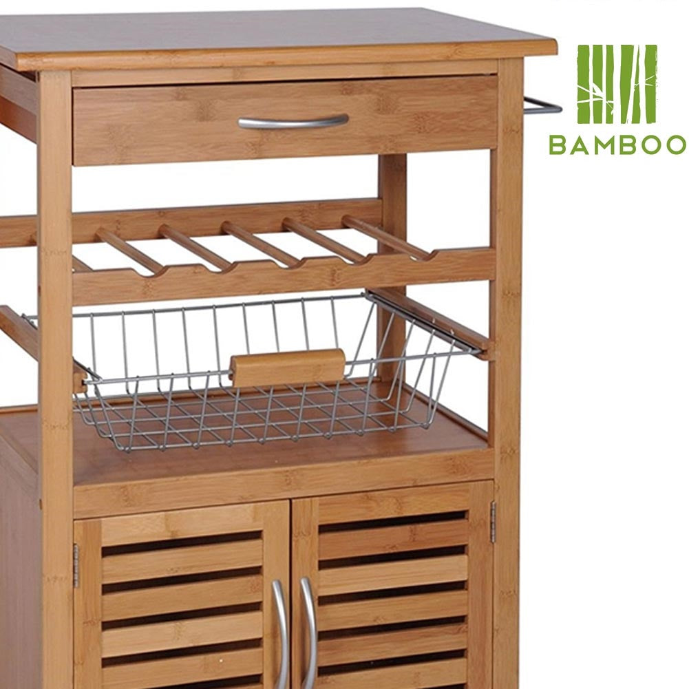 Carrello Cucina Bambù con Portabottiglie Cassetto 2 Ante e Cesto Acciaio 60x35 H 88 cm