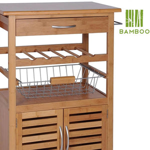 Carrello Cucina Bambù con Portabottiglie Cassetto 2 Ante e Cesto Acciaio 60x35 H 88 cm