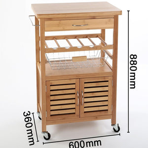 Carrello Cucina Bambù con Portabottiglie Cassetto 2 Ante e Cesto Acciaio 60x35 H 88 cm