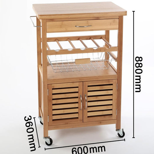 Carrello Cucina Bambù con Portabottiglie Cassetto 2 Ante e Cesto Acciaio 60x35 H 88 cm