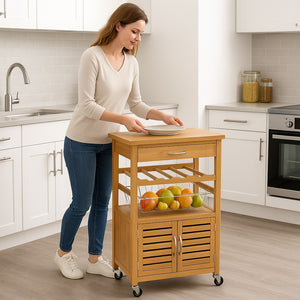 Carrello Cucina Bambù con Portabottiglie Cassetto 2 Ante e Cesto Acciaio 60x35 H 88 cm