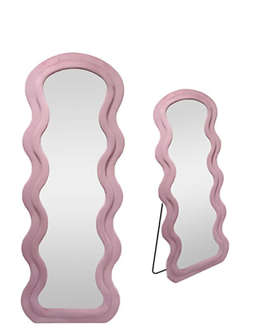 SPECCHIO ONDULATO IN VELLUTO ROSA CON PIEDE E GANCI PER APPENDERE MISURE: 60X160CM