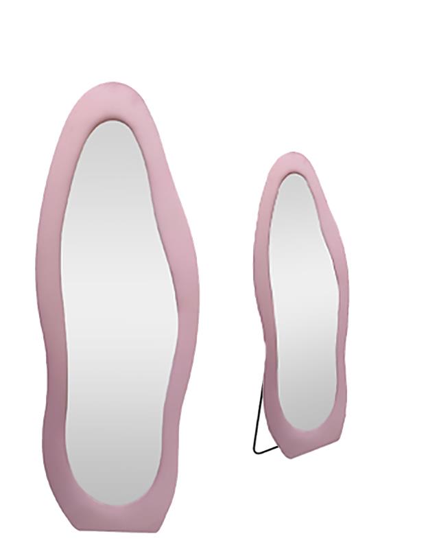 SPECCHIO ONDA IN VELLUTO ROSA CON PIEDE E GANCI PER APPENDER EMISURE: 60X160 CM