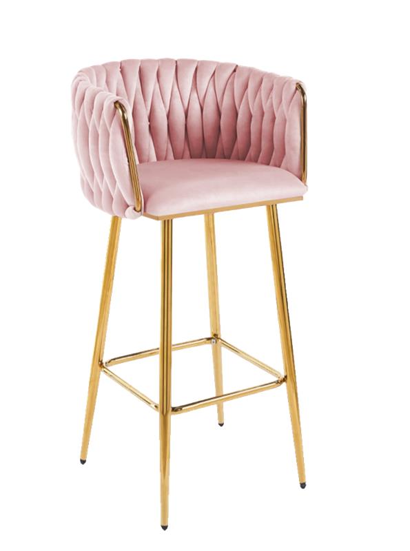 SGABELLO IN VELLUTO ROSA CON STRUTTURA E PIEDI IN METALLO COLOR ORO MISURE:44X47X98 CM