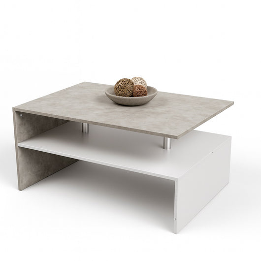 Tavolino Soggiorno 90x59.5x42cm Design Moderno Legno MDF 2 Ripiani Bianco Grigio