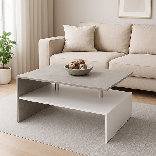 Tavolino Soggiorno 90x59.5x42cm Design Moderno Legno MDF 2 Ripiani Bianco Grigio