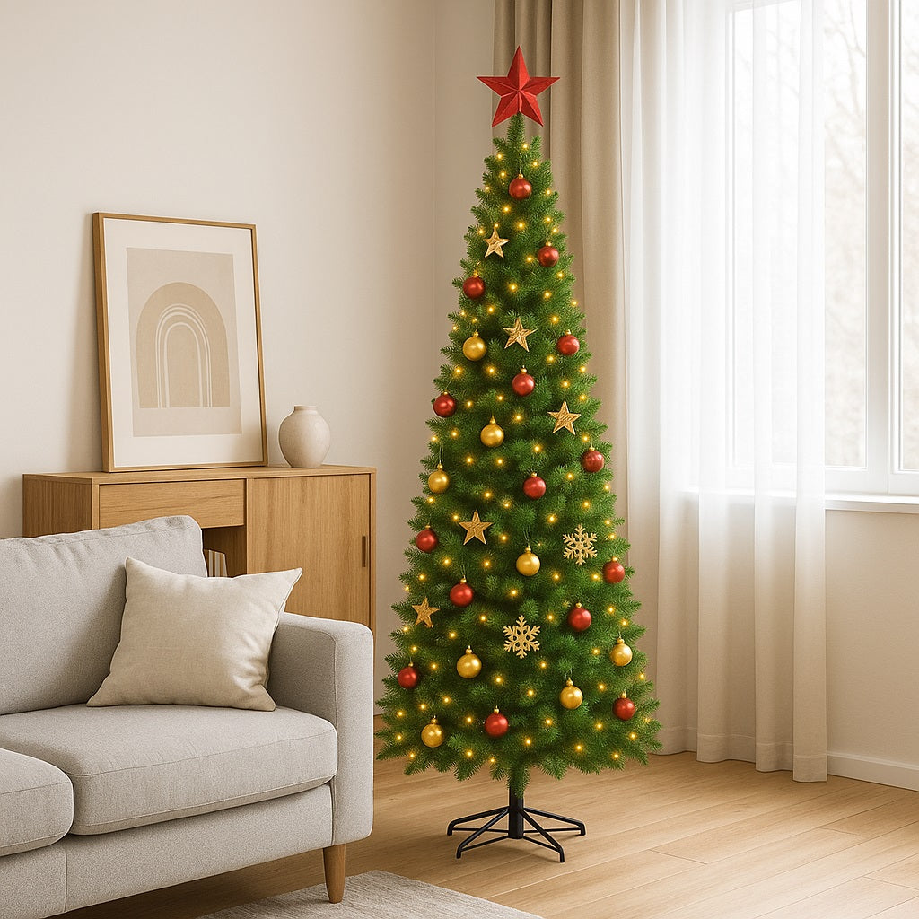 Albero di Natale Slim Pino Verde 240cm Artificiale 1125 Rami Pvc Ignifugo Salvaspazio