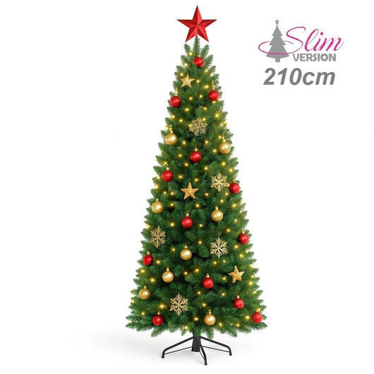 Albero di Natale Slim Pino Verde 210cm Artificiale 850 Rami Pvc Ignifugo Salvaspazio