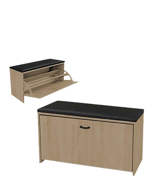 SCARPIERA IN MDF ROVERE CON CASSETTO E SEDUTA IN SIMIL PELLE NERA MISURE: 60X24X41CM