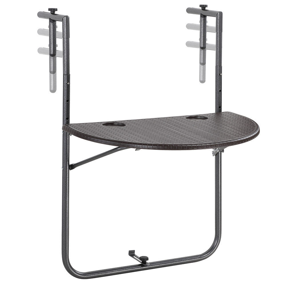 Tavolino Balcone Pieghevole Metallo e Polyrattan 2 Porta Bicchieri Regolabile Marrone