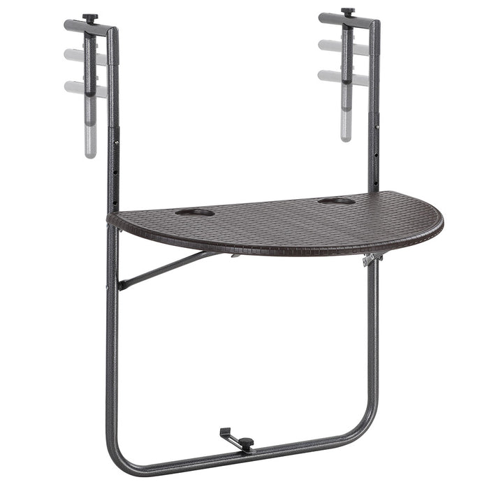 Tavolino Balcone Pieghevole Metallo e Polyrattan 2 Porta Bicchieri Regolabile Marrone