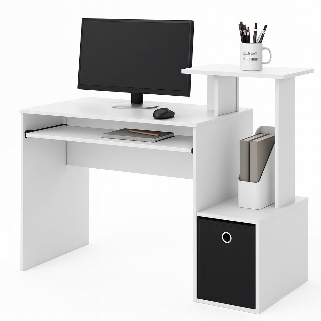 Scrivania con Cassetto in Tessuto Tavolo Porta PC Computer con Mensola Bianco