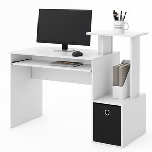 Scrivania con Cassetto in Tessuto Tavolo Porta PC Computer con Mensola Bianco