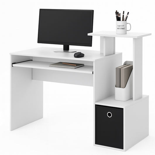 Scrivania con Cassetto in Tessuto Tavolo Porta PC Computer con Mensola Bianco