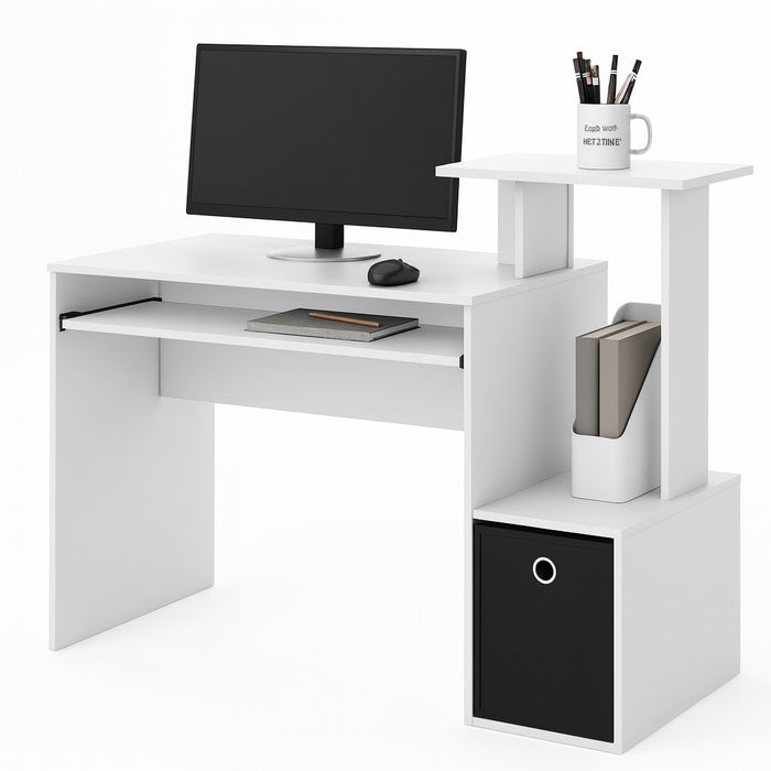 Scrivania con Cassetto in Tessuto Tavolo Porta PC Computer con Mensola Bianco