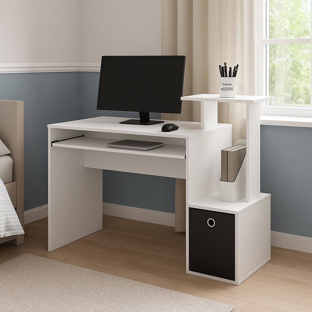 Scrivania con Cassetto in Tessuto Tavolo Porta PC Computer con Mensola Bianco