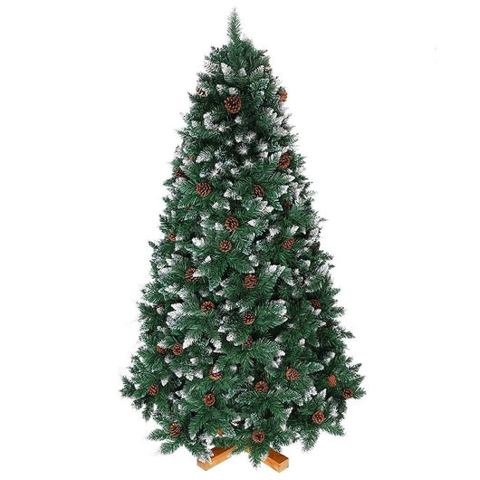 Albero di Natale Innevato 180cm Folto con Pigne 831 Rami Base Legno Massello