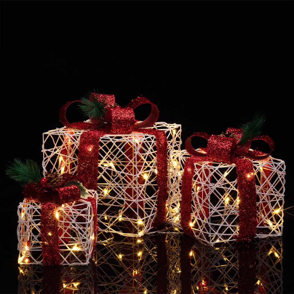 Set 3 Pacchi Regalo Natale Luminosi Bianco Rosso LED Decorazione Interno Esterno