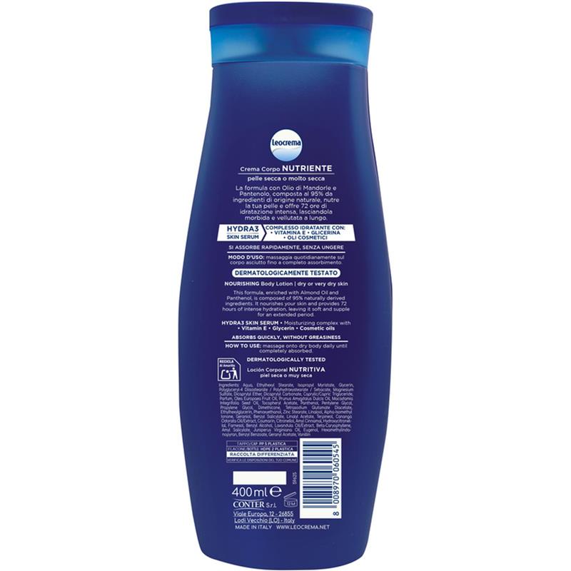 LEOCREMA CREMA CORPO NUTRIENTE 72H DI IDRATAZIONE INTENSA CON OLIO DI MANDORLA E PANTENOLO NATURALE PER PELLE SECCA O MOLTO SECCA 400 ML