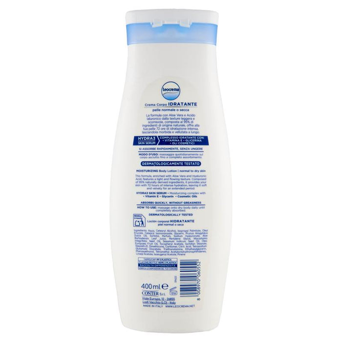 LEOCREMA CREMA CORPO IDRATANTE ASSORBIMENTO RAPIDO 95% INGREDIENTI DI ORIGINE NATURALE CON ALOE VERA E ACIDO IALURONICO 400 ML