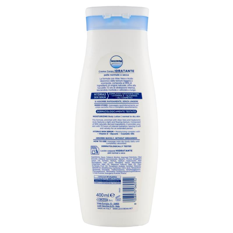 LEOCREMA CREMA CORPO IDRATANTE ASSORBIMENTO RAPIDO 95% INGREDIENTI DI ORIGINE NATURALE CON ALOE VERA E ACIDO IALURONICO 400 ML