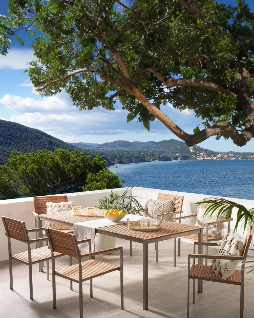 Set da pranzo da giardino da 7 pezzi in legno di teak chiaro con struttura in metallo argento 6 sedie