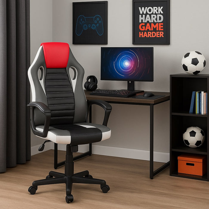 Sedia Gaming Ufficio Poltrona Scrivania Ergonomica Regolabile Girevole Rosso Grigio Nero