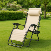Sedia Poltrona Giardino Gravità Zero Pieghevole Acciaio Oxford con Vassoio Laterale Beige