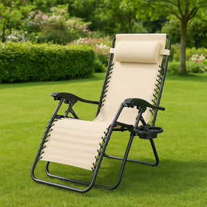 Sedia Poltrona Giardino Gravità Zero Pieghevole Acciaio Oxford con Vassoio Laterale Beige