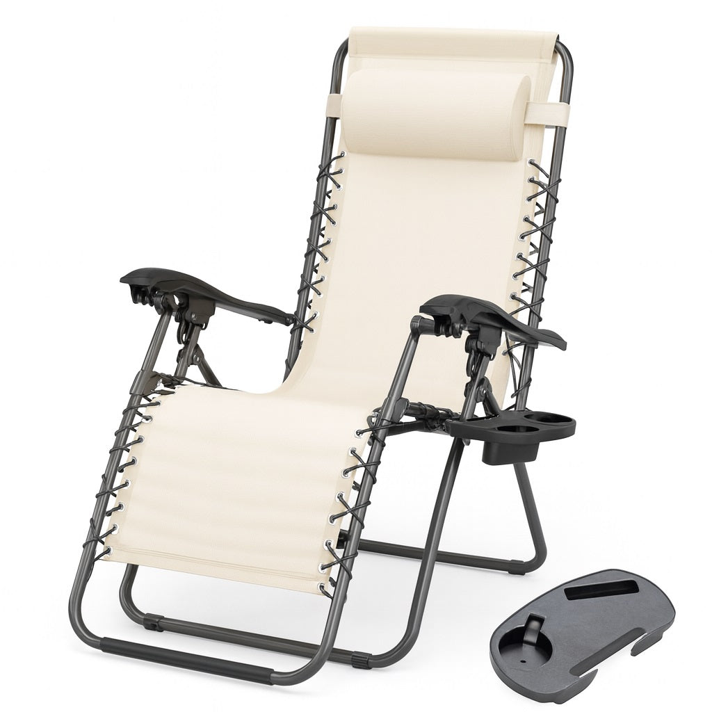 Sedia Poltrona Giardino Gravità Zero Pieghevole Acciaio Oxford con Vassoio Laterale Beige