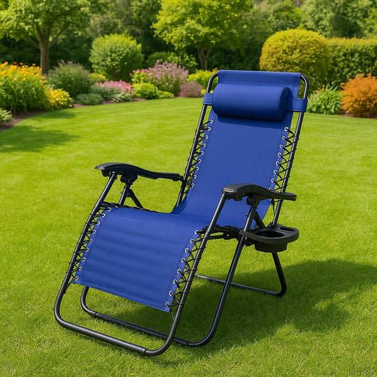 Sedia Poltrona Giardino Gravità Zero Pieghevole Acciaio Oxford con Vassoio Laterale Blu