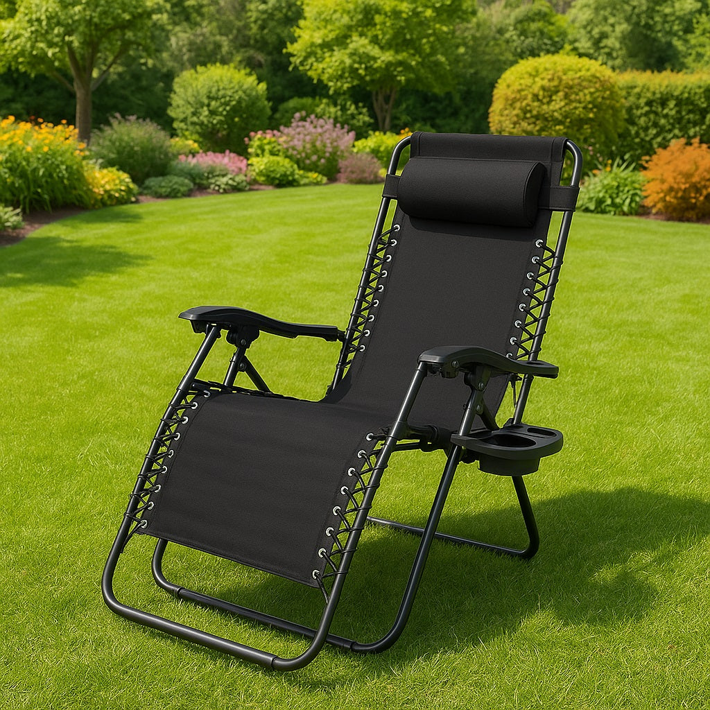 Sedia Poltrona Giardino Gravità Zero Pieghevole Acciaio Oxford con Vassoio Laterale Nero