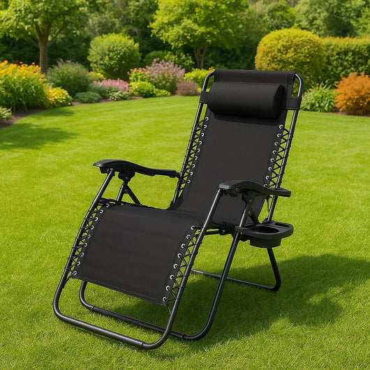 Sedia Poltrona Giardino Gravità Zero Pieghevole Acciaio Oxford con Vassoio Laterale Nero