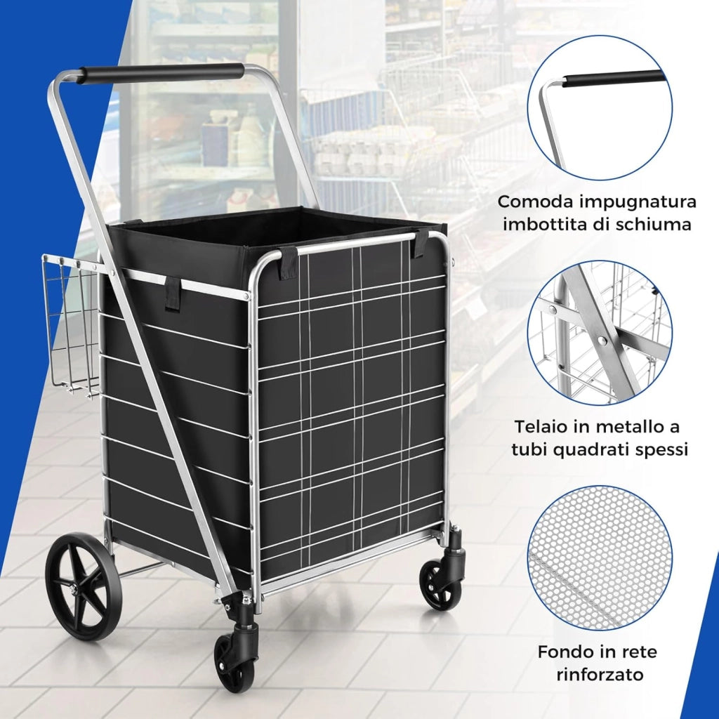 Carrello Portaspesa Pieghevole con Sacca, Carrello della Spesa Pieghevole con Ruote Girevoli a 360°, 2 Cesti, Capacità di Carico: 150 kg, 126 L, 66 x 64 x 103 cm (Argento)