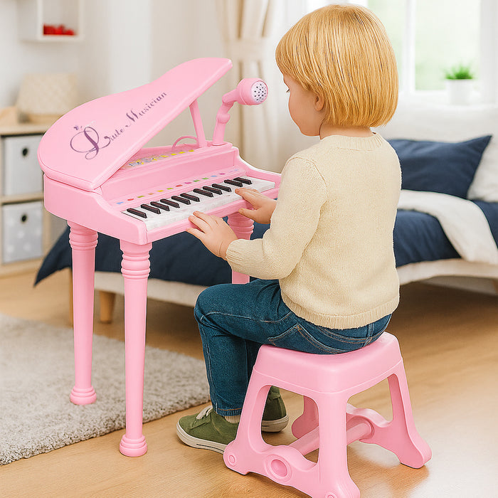 Pianoforte per Bambini 31 Tasti con Sgabello Microfono Luci Funzioni Educative Rosa