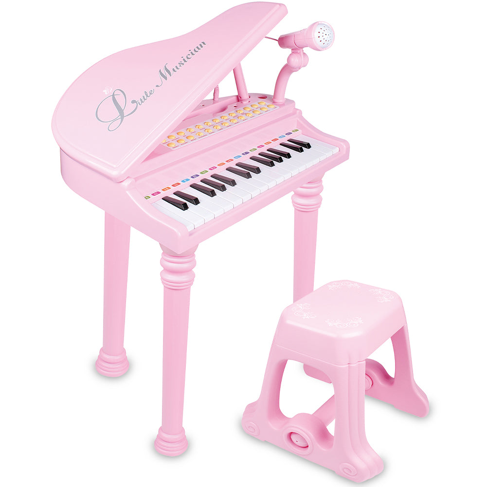 Pianoforte per Bambini 31 Tasti con Sgabello Microfono Luci Funzioni Educative Rosa