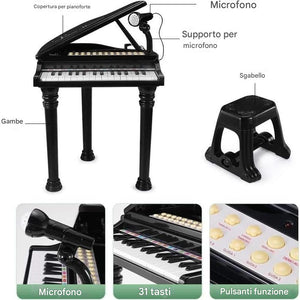 Pianoforte per Bambini 31 Tasti con Sgabello Microfono Luci Funzioni Educative Nero